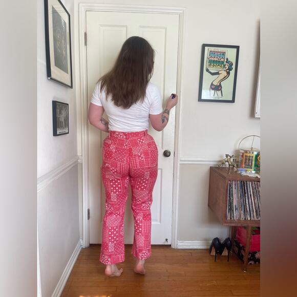 60s Vintage High Waisted Bandana Print Denim Pants - Picture 2 of 8